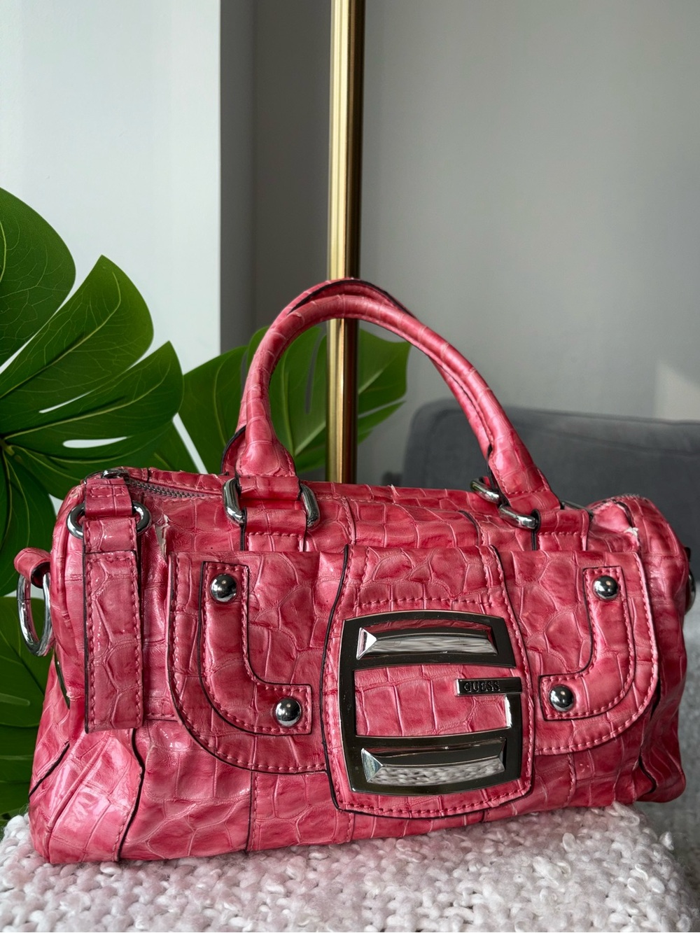 Vintage Y2K GUESS Pink Croc Embossed G Logo Satchel Shoulder Bag
